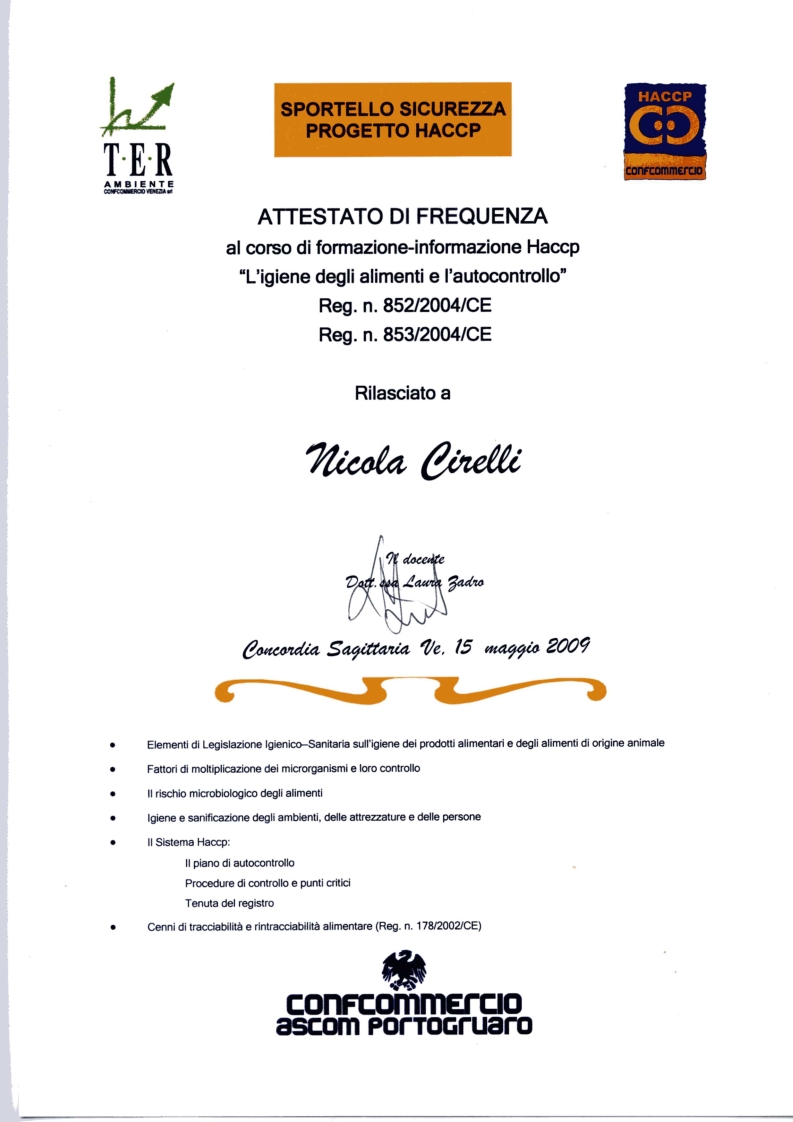 Attestato di Frequenza - Corso Formazione e Informazione HACCP